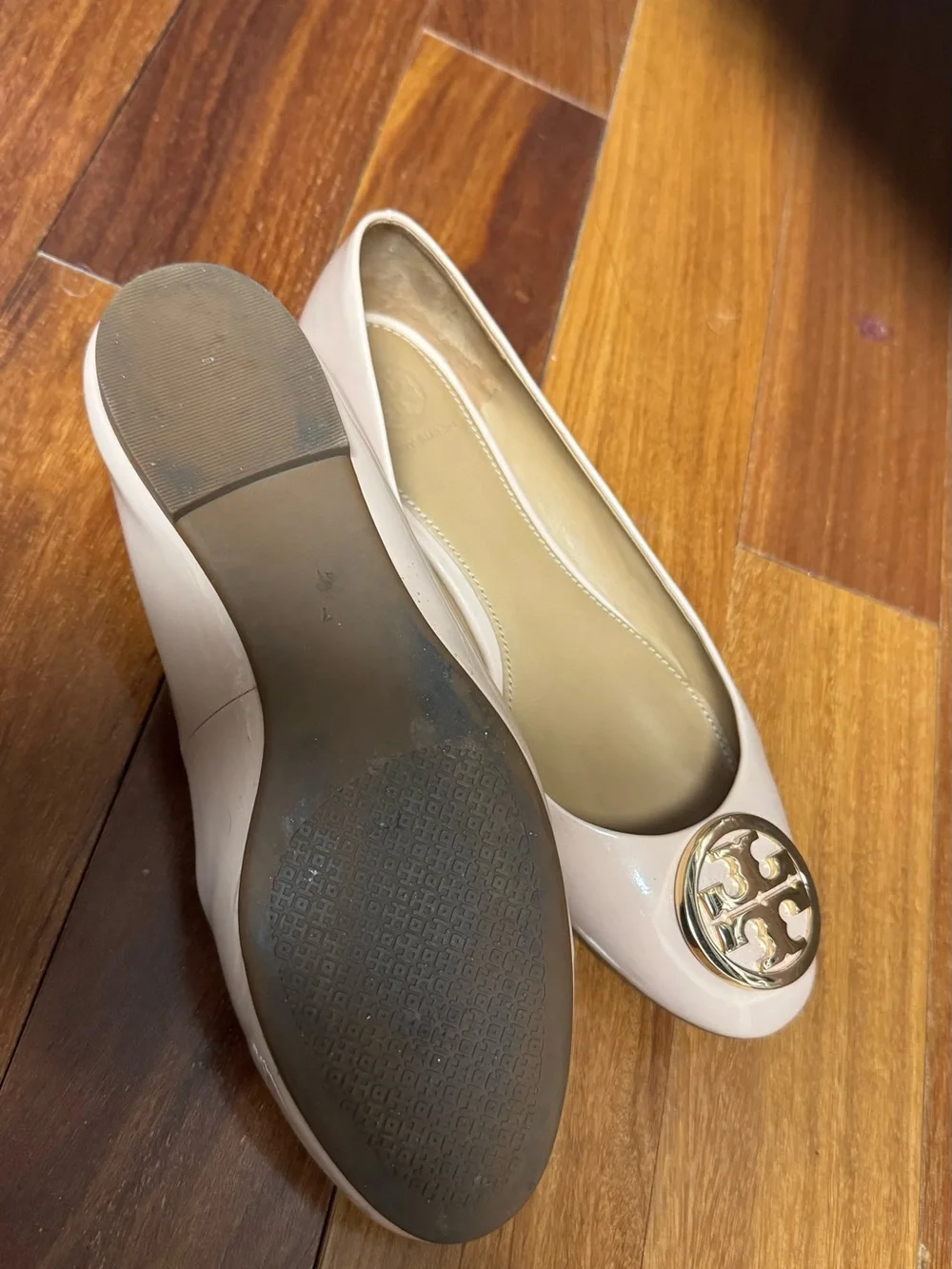Tory Burch Nude Patent Leather Logo Ballet Flats with Gold Emblem